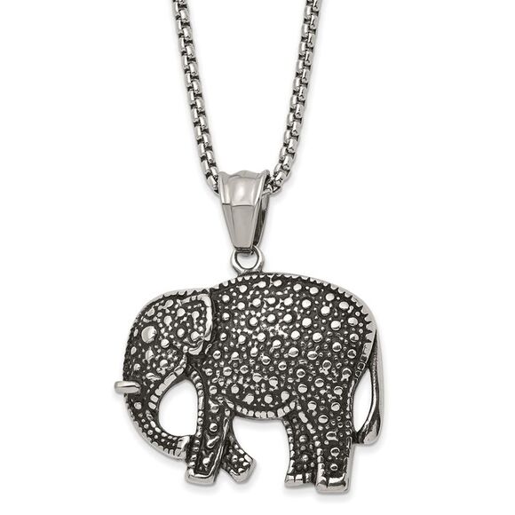 Stainless Steel Antiqued Textured Elephant Necklace 24 Inch